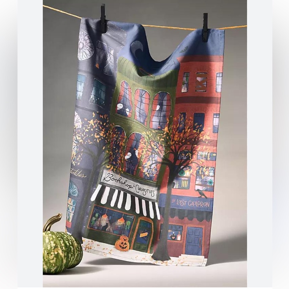 Anthropologie Spooky Bookstore Dish Towel NWOT